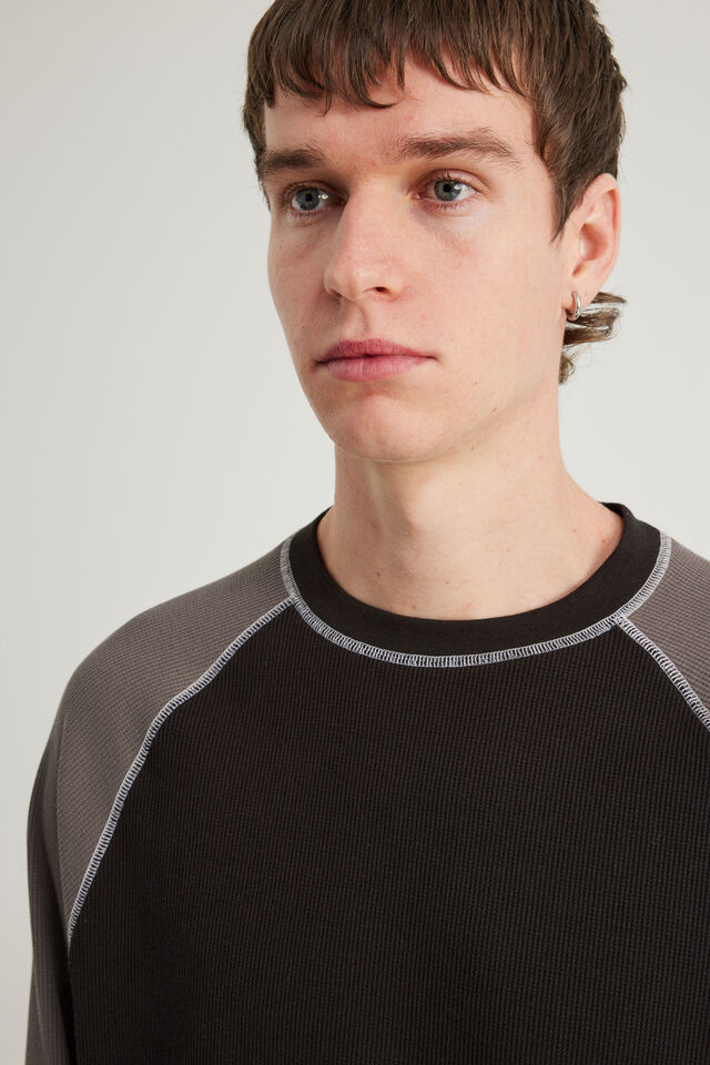 Notion Contrast Waffle Long Sleeve Tshirt, NTN BLACK/IRON PANELLED