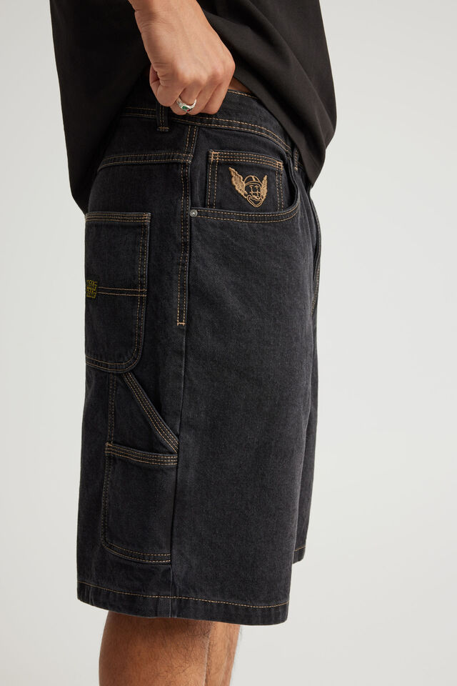Half Half Painter Baggy Denim Short, BLACK STONE