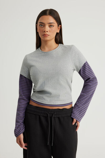 Layered Long Sleeve Top, GREY MARLE/JASMINE BLUE STONE STRIPE