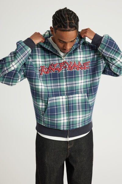 Half Half Zip Thru Hoodie, HH GREEN CHECK/GRAFFITI