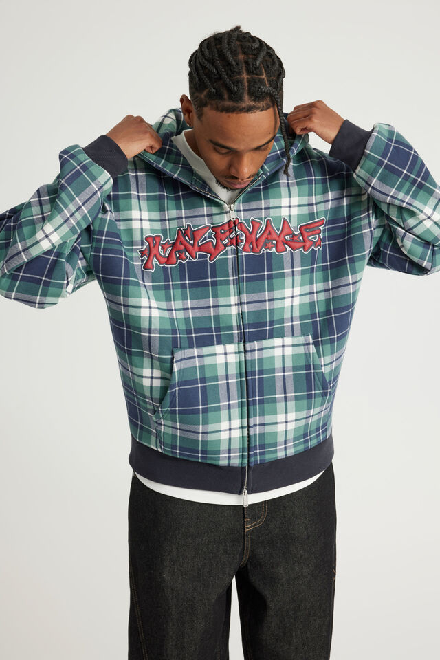 Half Half Zip Thru Hoodie, HH GREEN CHECK/GRAFFITI