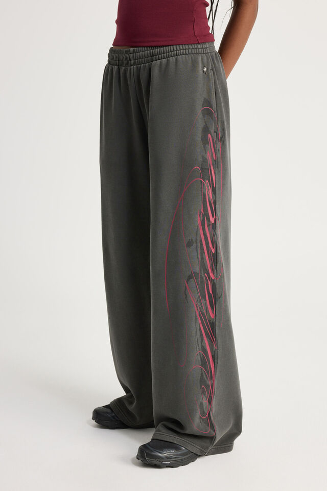 Notion X Smolbrat Classic Wide Leg Trackpant, WASHED BLACK/SUPER SCRIPT