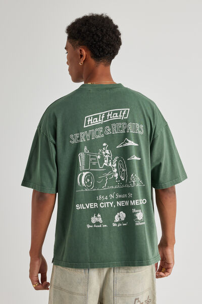Half Half Heavyweight Box Fit Graphic Tshirt, HH WASHED SMOKEY PINE/SERVICES AND REPAIRS