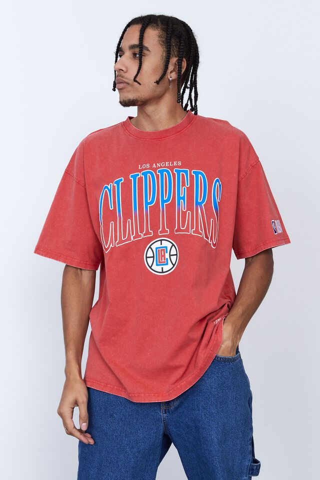 NBA LA Clippers Oversized T Shirt, LCN NBA WASHED RED/CLIPPERS SERIF