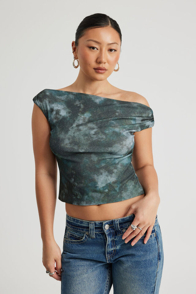 Textured Off Shoulder Top, GREY GREEN TIE DYE