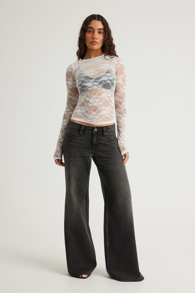 Fitted Long Sleeve Top, WHITE LACE