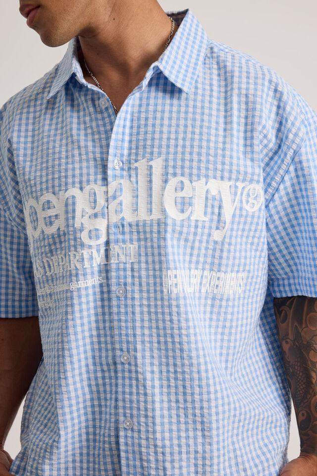 Open Gallery Boxy Cropped Short Sleeve Shirt, OG FRESH CHECK/TEXT