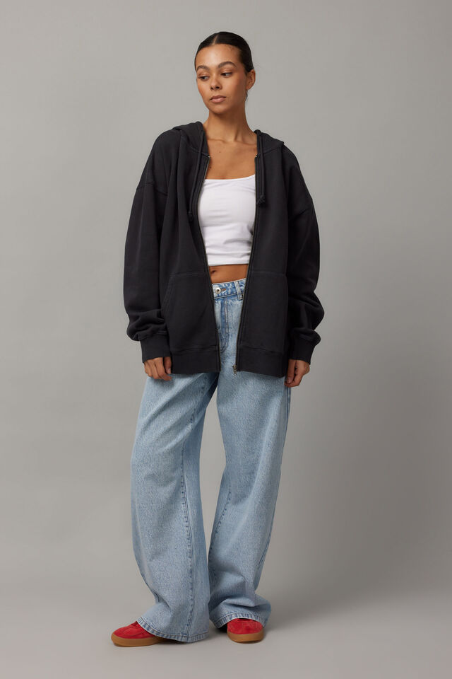 Washed Zip Through Hoodie, WASHED BLACK