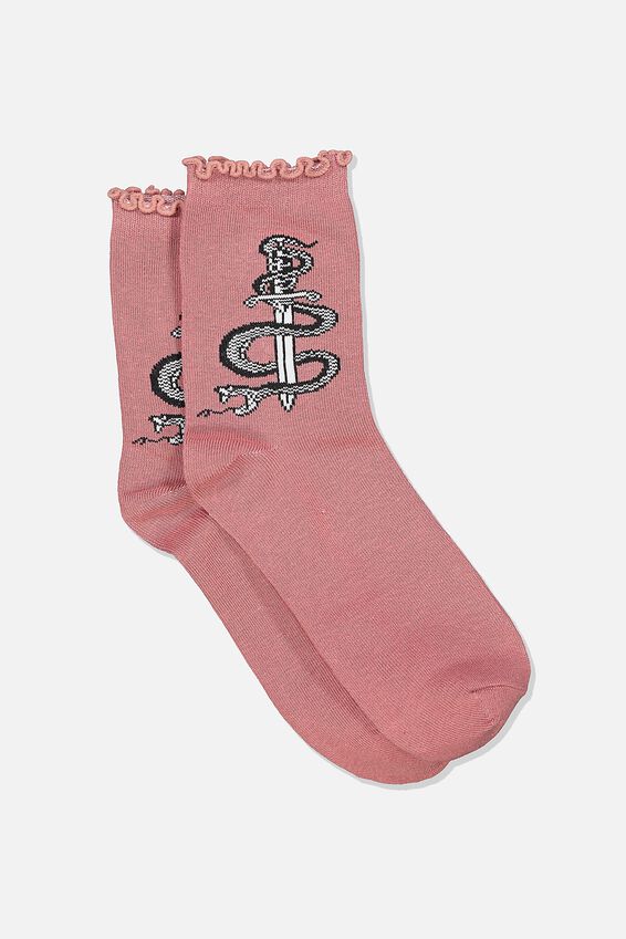 Embroidered Ruffle Edge Sock, SNAKE/DAGGER FOXGLOVE