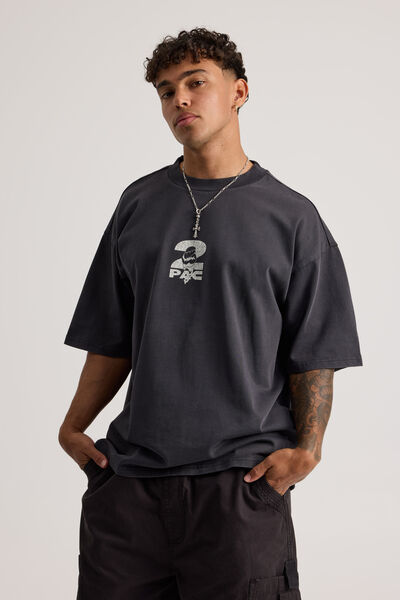 Heavy Weight Music Merch T Shirt, LCN BRA TUPAC WASHED BLACK/WHO S BACK