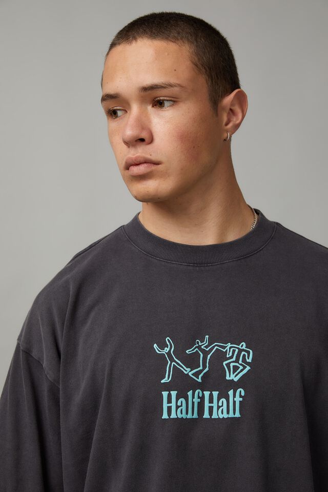 Half Half Heavy Weight Box Fit Graphic Tshirt, WASHED BLACK/OPEN YOUR SOUL