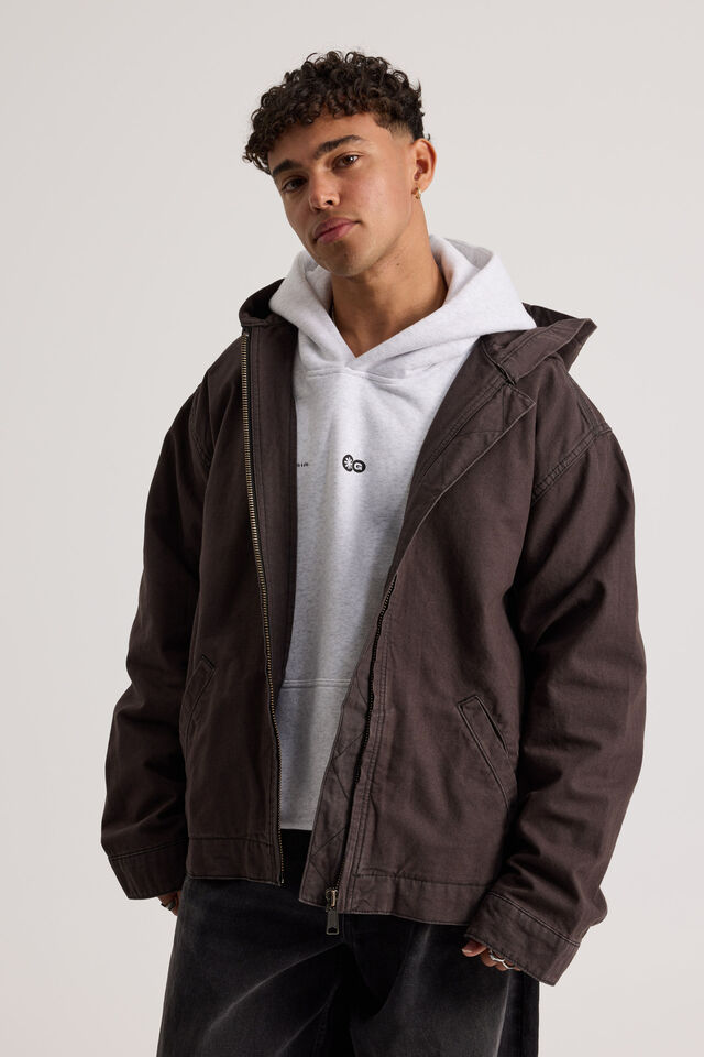 Half Half Hooded Coach Jacket, WASHED BLACK