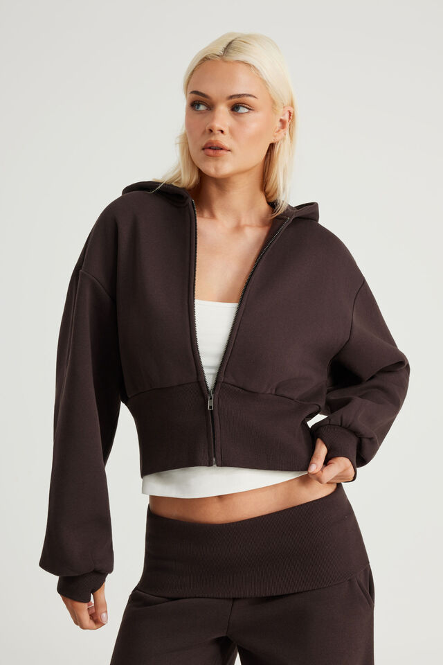 Authentics Shrunken Zip Through Hoodie, CHOC NOIR