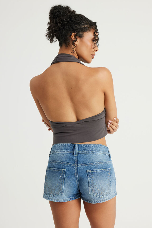 Open Back Deep V Halter, WASHED BLACK