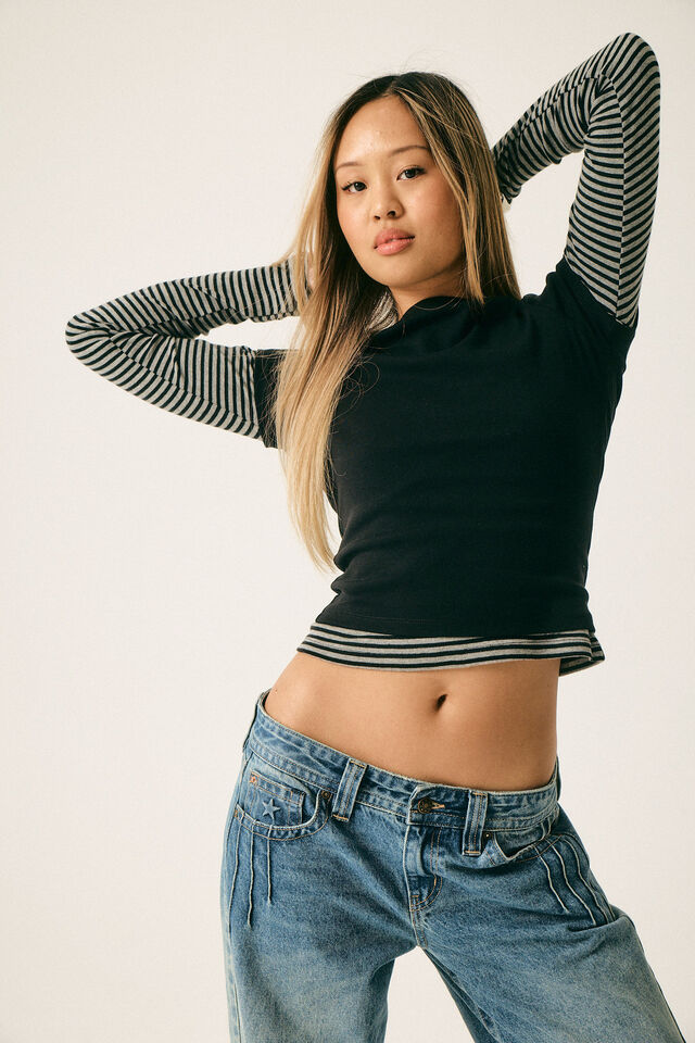 Fitted Long Sleeve Top, BLACK/GUNMETAL MARLE STRIPE