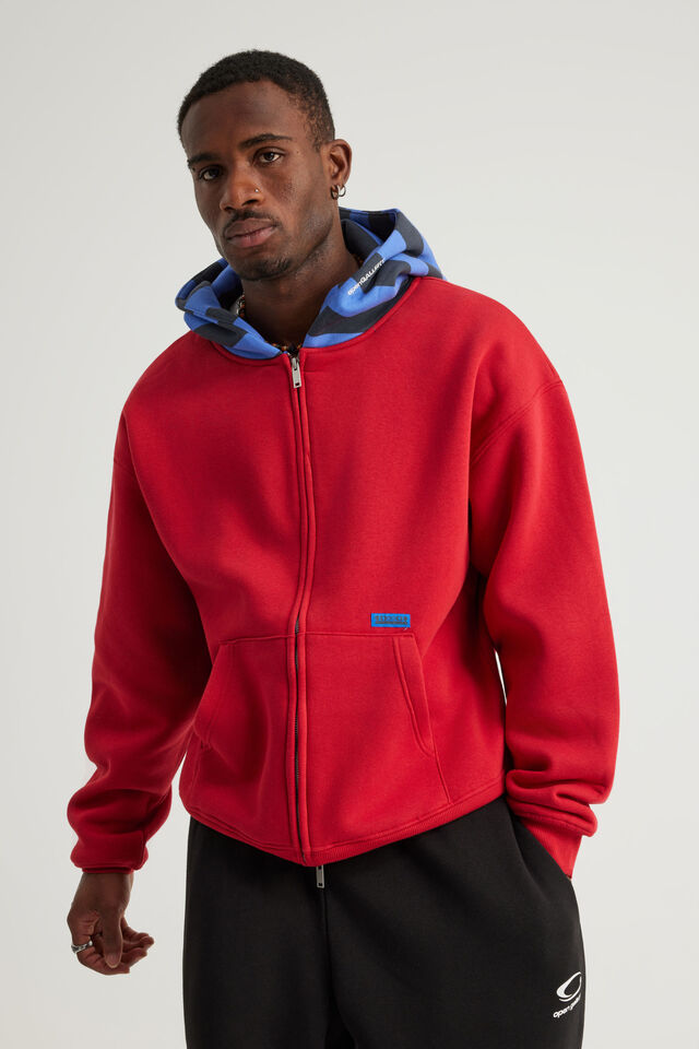 Open Gallery Zip Thru Hoodie, OG SCARLETT/SLATE STRIPE SPLICE