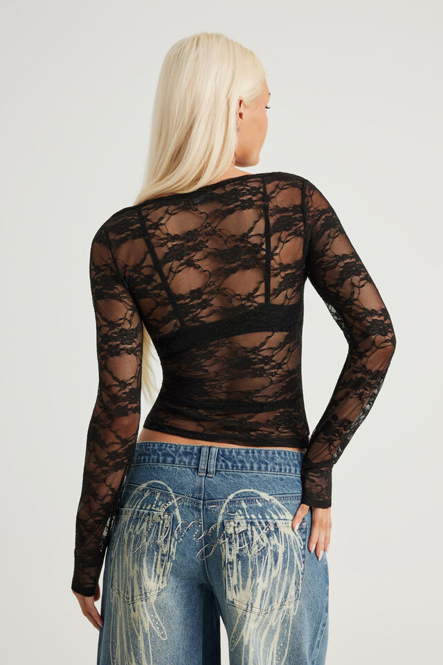 Fitted Long Sleeve Top, BLACK LACE
