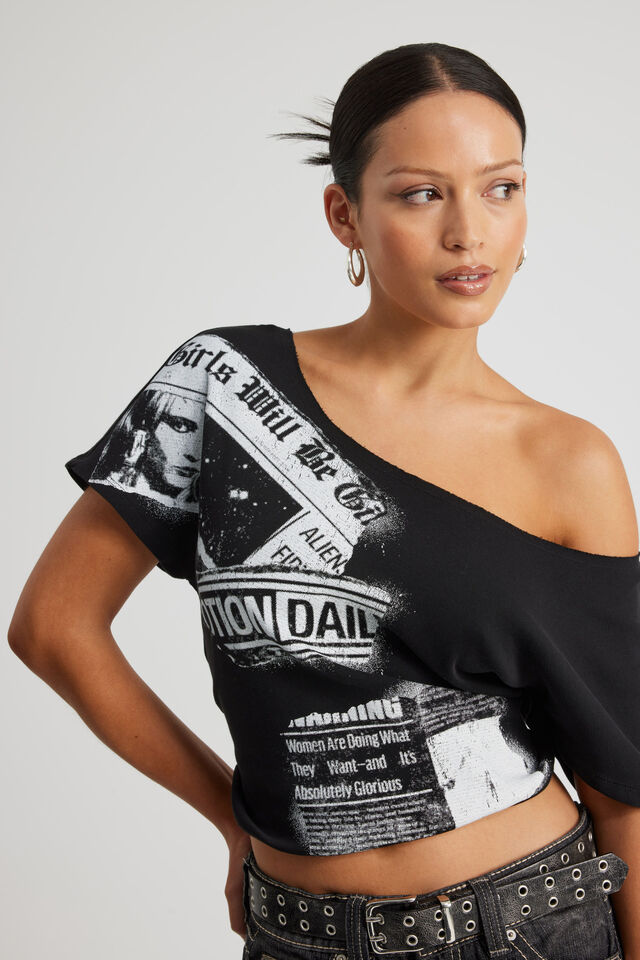 One Shoulder Graphic Tee, BLACK/NOTION DAILY