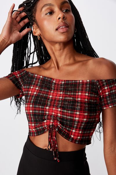 Pull Front Off The Shoulder Mesh Top, KAYLI CHECK_BLACK RED