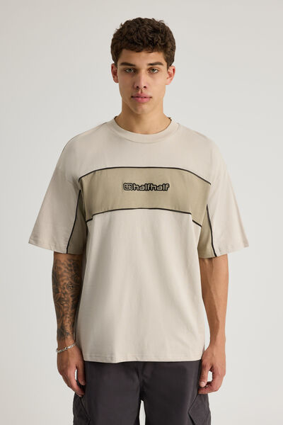 Half Half Box Fit Panelled Graphic Tshirt, HH PEBBLE/SUNBLEACHED KHAKI HALF HALF ELITE