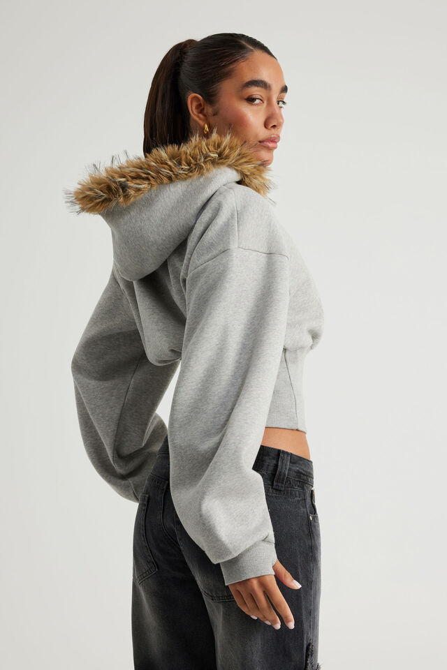 Notion Corset Zip Through Hoodie, NTN GREY MARLE/FAUX FUR
