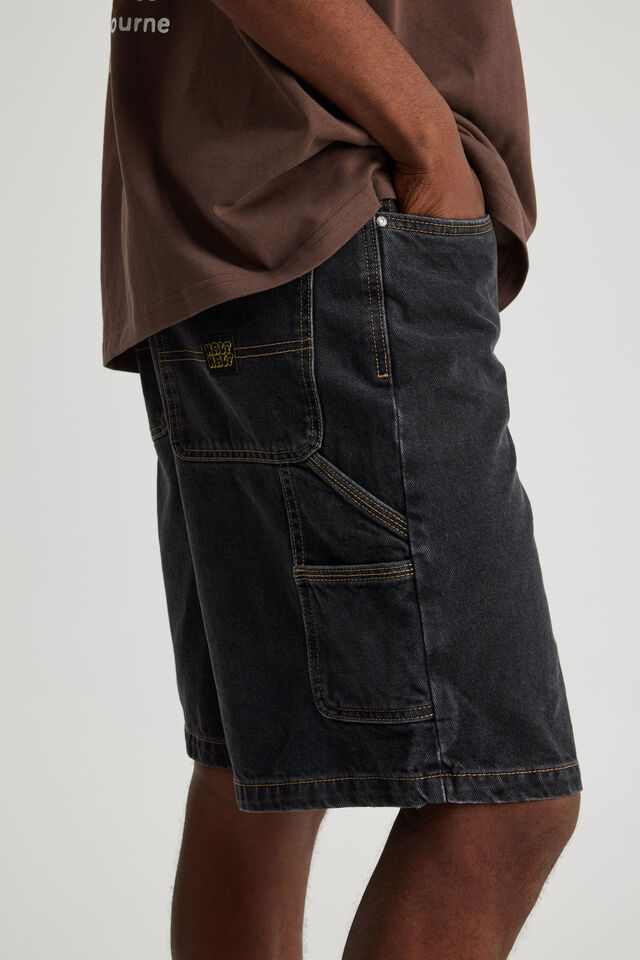 Half Half Painter Baggy Denim Short, BLACK STONE