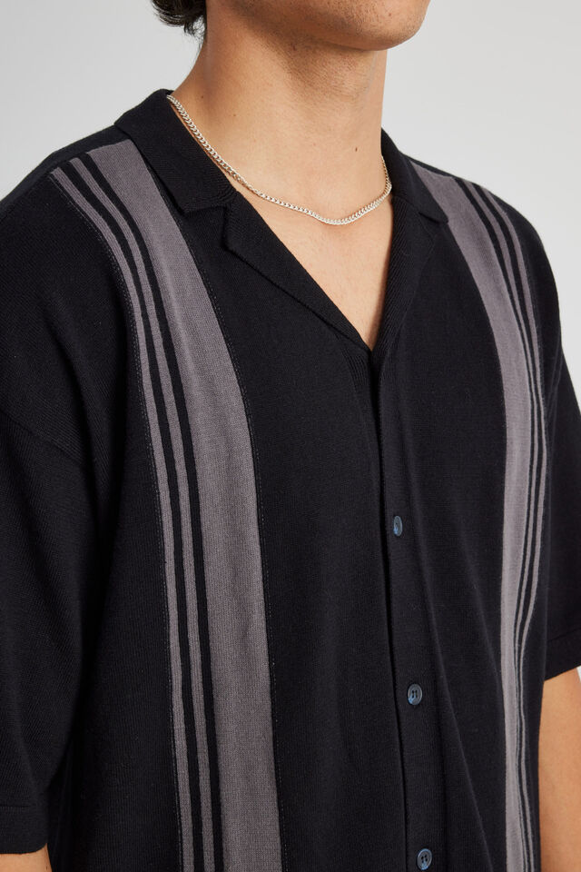 Boxy Knit Shirt, BLACK/CHARC STRIPE