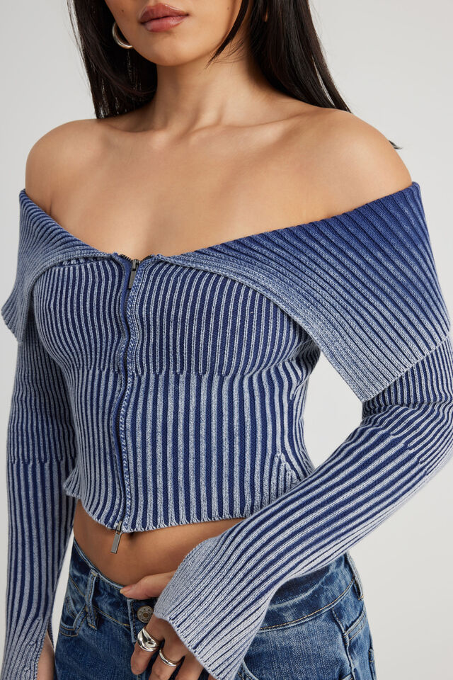 Knit Off Shoulder Long Sleeve, WASHED CORPORATE BLUE