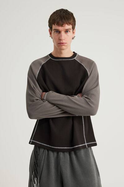 Notion Contrast Waffle Long Sleeve Tshirt, NTN BLACK/IRON PANELLED