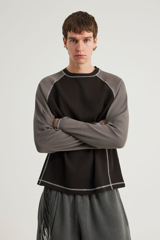 Notion Contrast Waffle Long Sleeve Tshirt, NTN BLACK/IRON PANELLED
