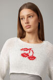 Open Knit Crop Jacquard Jumper, WHITE/CHERRY - alternate image 4