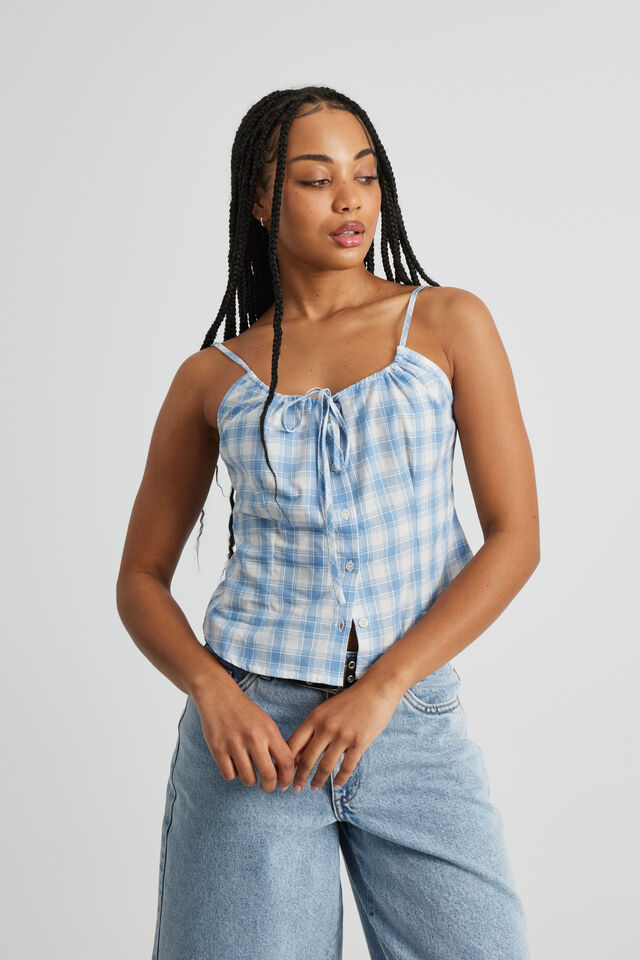 Luna Woven Button Front Cami, BLUE CHECK