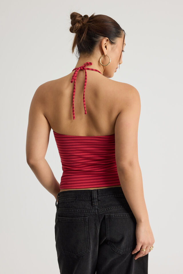 Ruched Front Bandeau Halter, RANCH RED STRIPE