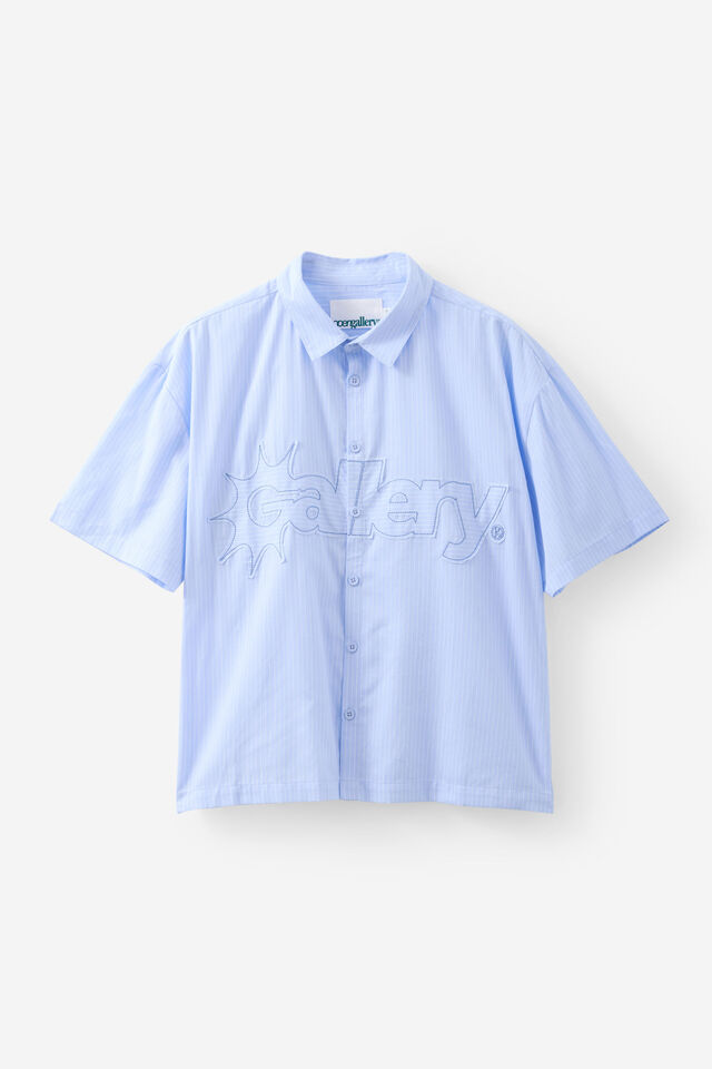 Open Gallery Boxy Cropped Short Sleeve Shirt, OG BLUE STRIPE / RAW APPLIQUE