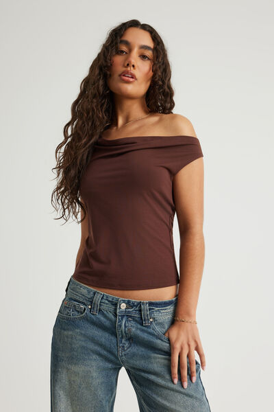 Soft Washed Off Shoulder Top, BROWN SUGAR