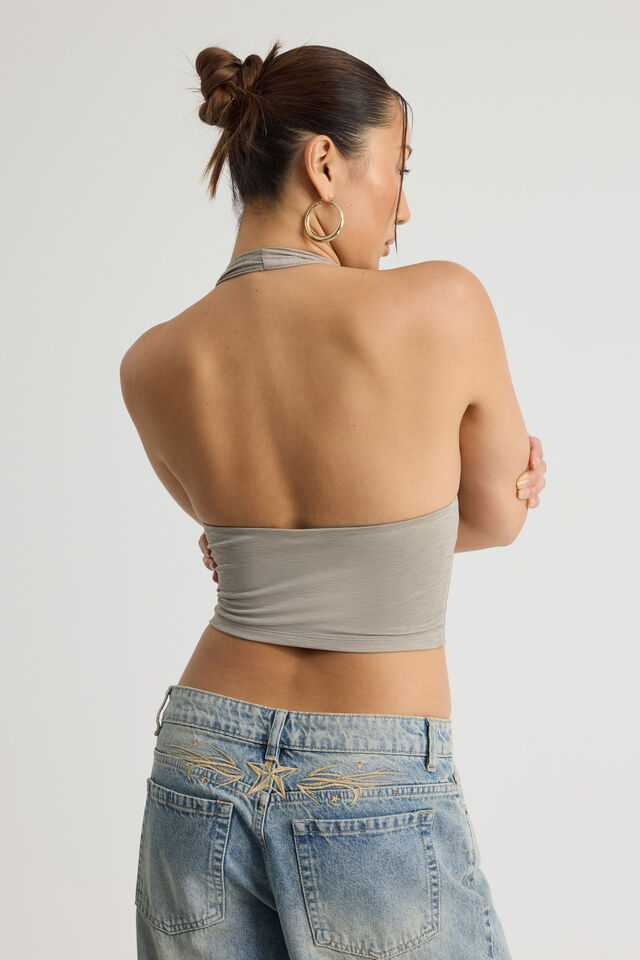 Zip Front Halter Top, KHAKI MIST