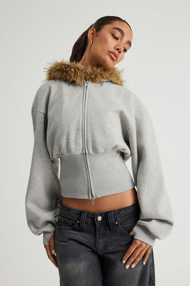 Notion Corset Zip Through Hoodie, NTN GREY MARLE/FAUX FUR