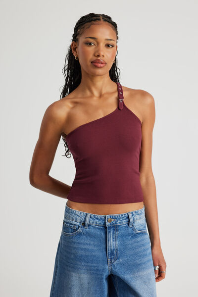 One Shoulder Buckle Top, BORDEAUX