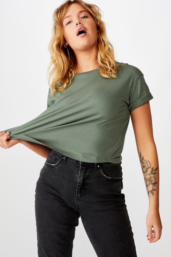 Curved Hem Short Sleeve Tee, FORREST KHAKI