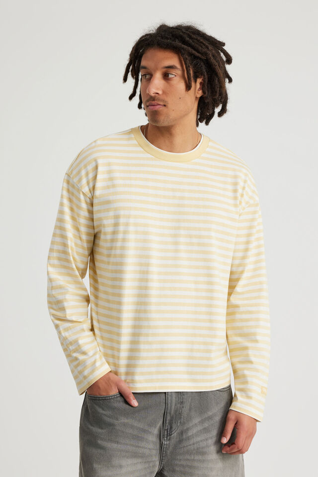 Open Gallery Cropped Long Sleeve Tshirt, OG DAFFODIL STRIPE/OG LOGO
