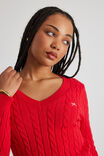 Lena Cable Knit V Neck Sweater, POSTBOX RED/CHERRRY - alternate image 4