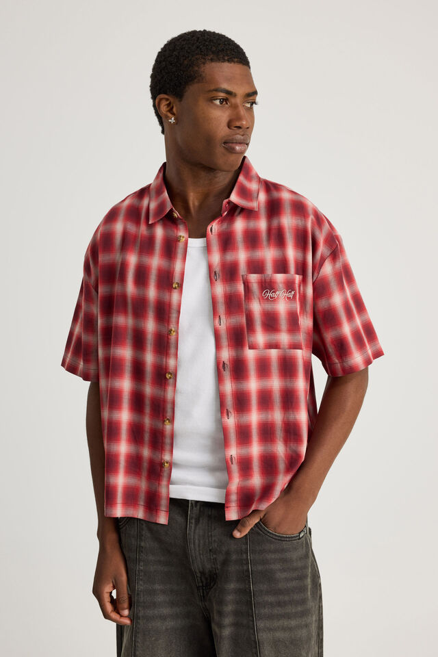 Half Half Boxy Cropped Short Sleeve Shirt, HH BORDEAUX SPACE DYE