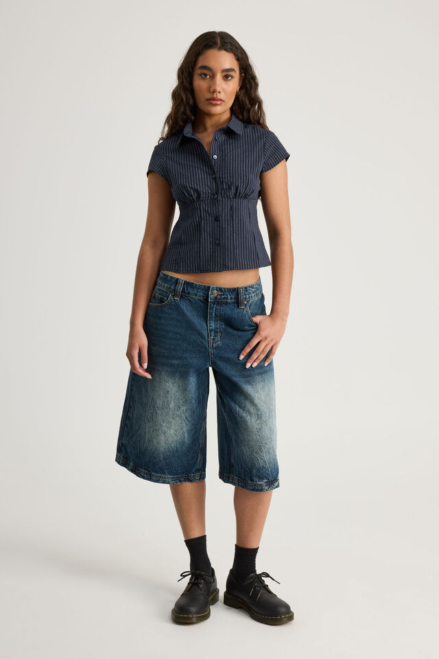 Short Sleeve Fitted Shirt, NAVY PINSTRIPE