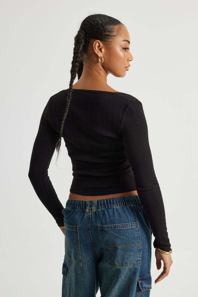 Ava Pointelle Long Sleeve Top, BLACK