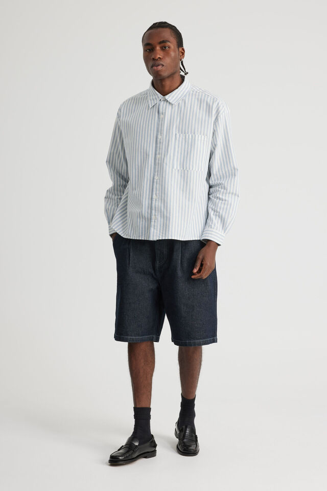 Authentics Boxy Cropped Long Sleeve Shirt, BLUE WHITE PINSTRIPE
