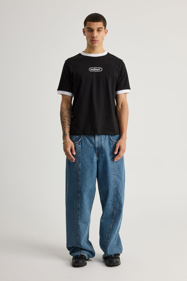 Half Half Slim Fit Ringer Tshirt, HH BLACK/WHITE WIDE HALF HALF PILL