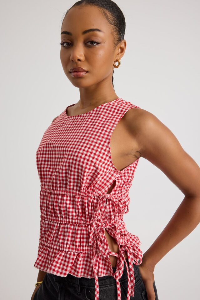 Remi Ruched Tie Top, RED GINGHAM