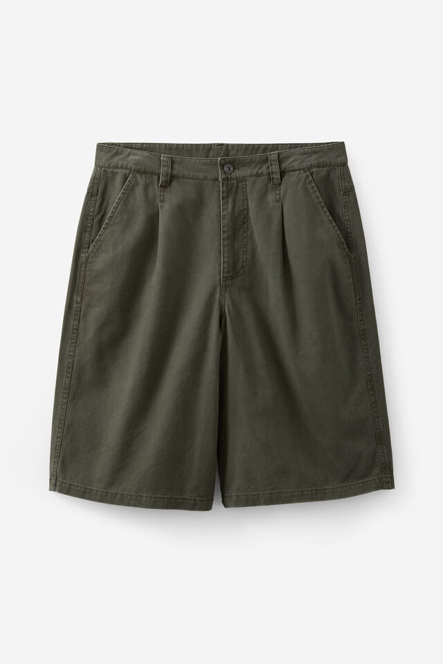 Half Half Pleated Woven Short, DEEP KHAKI