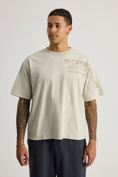 Open Gallery Box Fit Tshirt, OG WASHED PEBBLE/SLEEVE PROMO