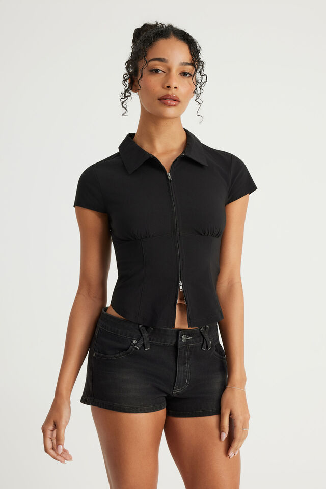 Short Sleeve Zip Through Shirt, BLACK